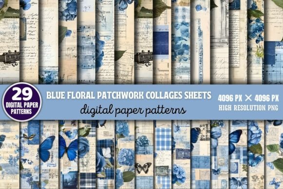 Blue Floral Patchwork Collages Sheets Di: Elevate Your Creative Projects