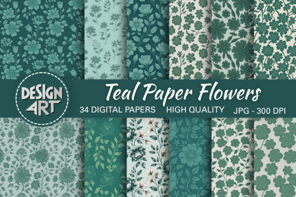 Teal Paper Flowers Seamless Pattern