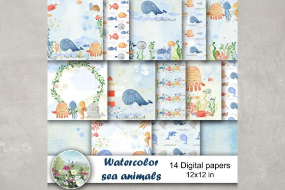 Watercolor Sea Animals Digital Papers